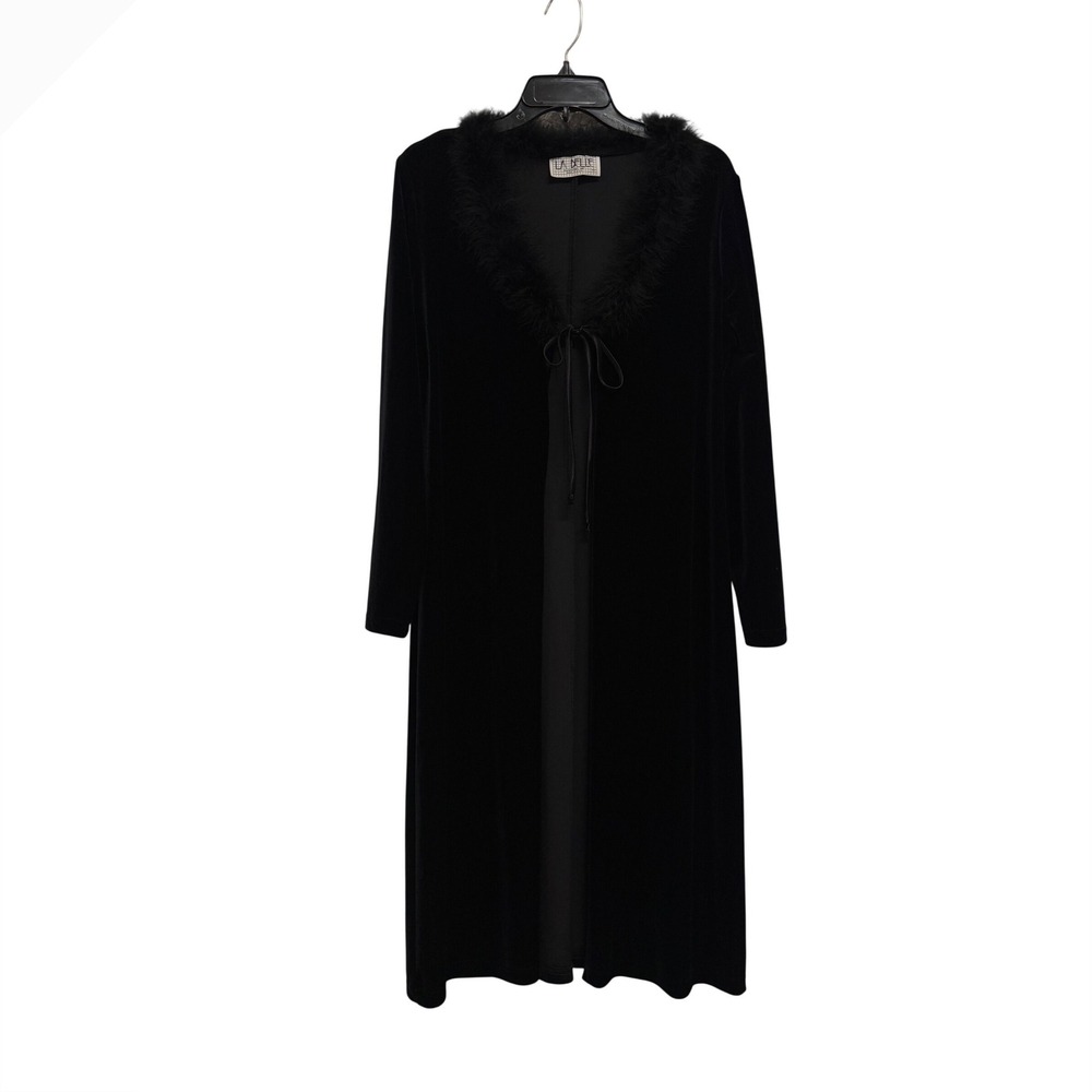 La Belle Fashions Vintage Black Velvet Faux Fur Trim Midi Dress Long Sleeve Tie